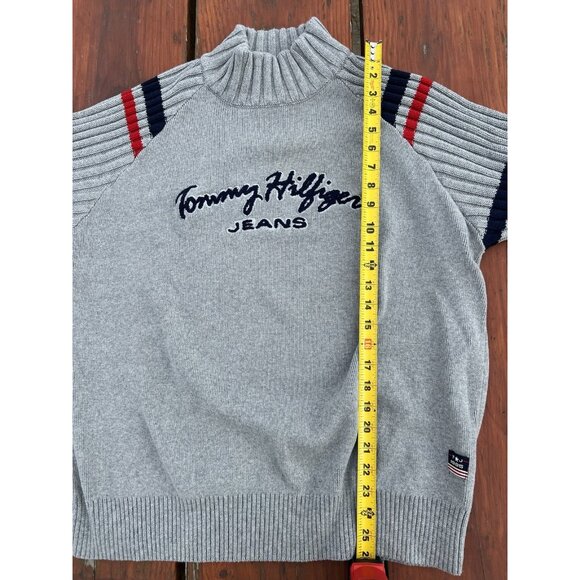 VINTAGE Y2K Tommy JEANS gray scripted logo mockneck ski sweater XL stripes - Picture 7 of 8